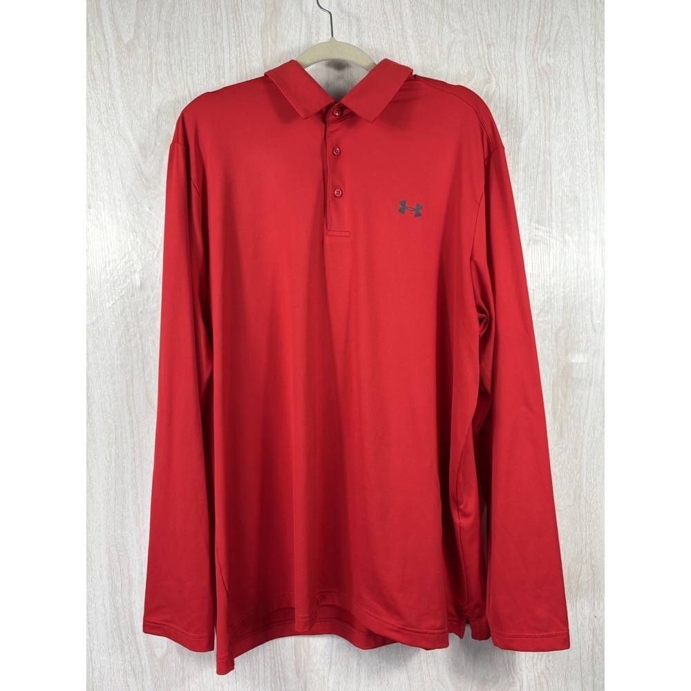 Under Armour Performance Polo Shirt Red Long Sleeve Loose Fit Men's 2XL Golf